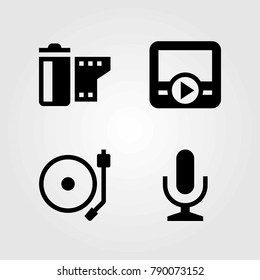 Multimedia vector icons set. movie player, film roll and turntable