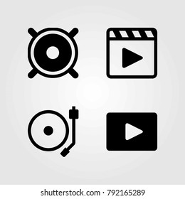 Multimedia vector icons set. movie player, speaker and turntable