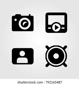 Multimedia vector icons set. movie player, speaker and photo camera