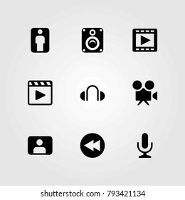 Multimedia vector icons set. movie player, man and headphones