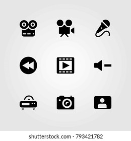Multimedia vector icons set. movie player, mic and rewind