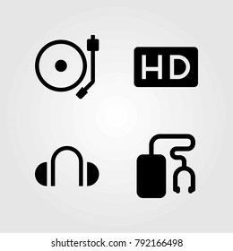 Multimedia vector icons set. music player, hd and turntable