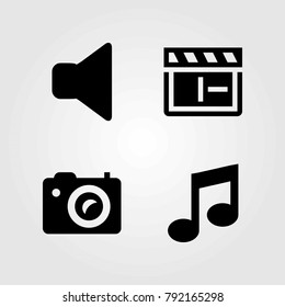 Multimedia vector icons set. musical note, speaker and photo camera