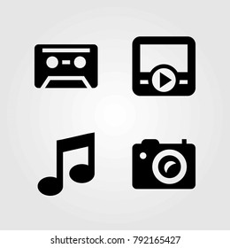 Multimedia vector icons set. musical note, movie player and photo camera