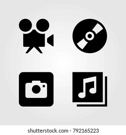 Multimedia vector icons set. photo camera, quaver and compact disc
