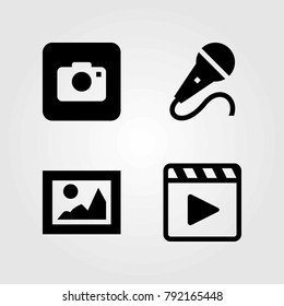 Multimedia vector icons set. photo camera, mic and microphone