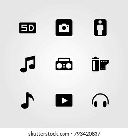 Multimedia vector icons set. photo camera, headphones and boombox