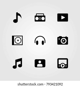 Multimedia vector icons set. photo camera, compact disk and video player