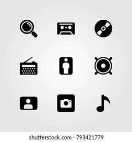 Multimedia vector icons set. photo camera, compact disc and musical note