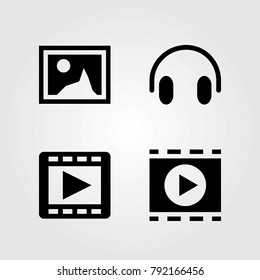 Multimedia vector icons set. picture, movie player and headphones