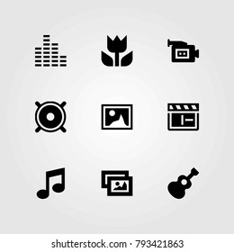 Multimedia vector icons set. picture, video camera and musical note