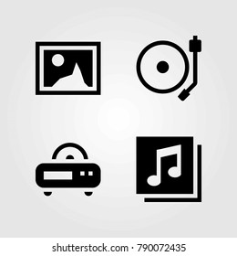 Multimedia vector icons set. quaver, radio and turntable