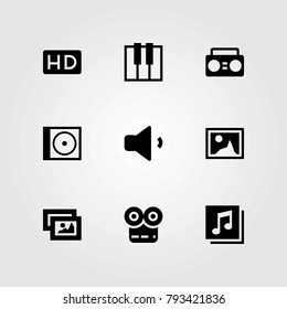Multimedia vector icons set. quaver, volume and hd