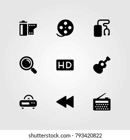 Multimedia vector icons set. radio, music player and guitar