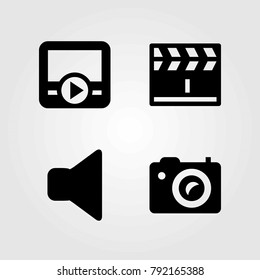 Multimedia vector icons set. speaker, photo camera and clapperboard