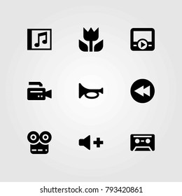 Multimedia vector icons set. trumpet, rewind and video camera