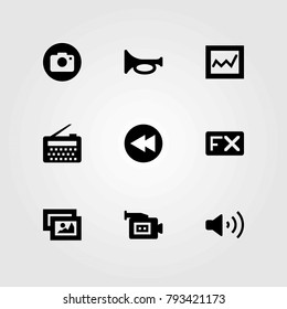 Multimedia vector icons set. trumpet, radio and picture