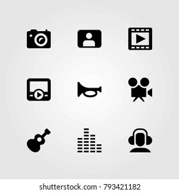 Multimedia vector icons set. trumpet, video camera and headphones