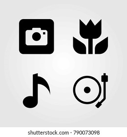 Multimedia vector icons set. turntable, macro and photo camera
