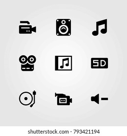 Multimedia vector icons set. video camera, speaker and musical note