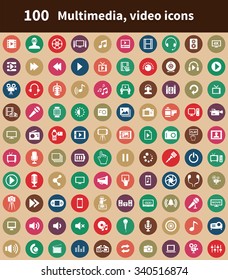 multimedia, video 100 icons universal set for web and mobile
