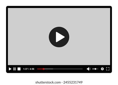 Multimedia video player with play button, play video window with navigation icons, video streaming on internet, modern social media video player interface template live digital stream