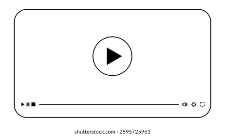 Multimedia video player with play button, play video online window with navigation icons, video streaming on internet, modern social media video player interface template.