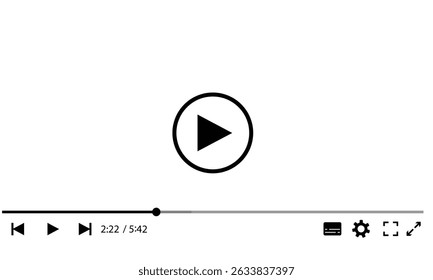 Reprodutor de vídeo multimídia com botão de reprodução, janela de reprodução de vídeo com ícones de navegação, quadro de streaming de vídeo na internet, modelo de interface de reprodutor de vídeo de mídia social moderna transmissão digital ao vivo.