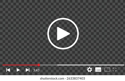 Reprodutor de vídeo multimídia com botão de reprodução, janela de reprodução de vídeo com ícones de navegação, quadro de streaming de vídeo na internet, modelo de interface de reprodutor de vídeo de mídia social moderna transmissão digital ao vivo.