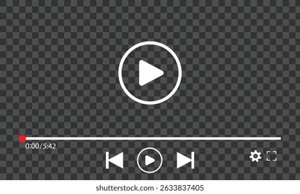 Reprodutor de vídeo multimídia com botão de reprodução, janela de reprodução de vídeo com ícones de navegação, quadro de streaming de vídeo na internet, modelo de interface de reprodutor de vídeo de mídia social moderna transmissão digital ao vivo.