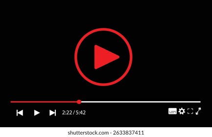 Reprodutor de vídeo multimídia com botão de reprodução, janela de reprodução de vídeo com ícones de navegação, quadro de streaming de vídeo na internet, modelo de interface de reprodutor de vídeo de mídia social moderna transmissão digital ao vivo.