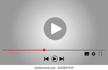 Reprodutor de vídeo multimídia com botão de reprodução, janela de reprodução de vídeo com ícones de navegação, quadro de streaming de vídeo na internet, modelo de interface de reprodutor de vídeo de mídia social moderna transmissão digital ao vivo.