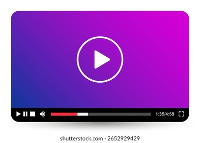 Multimedia video player with play button, video streaming frame on internet, play video window with navigation icons, modern social media video player interface template for web and mobile apps