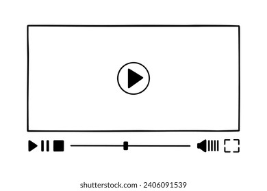 Multimedia video player template doodle. Play video online window with play button, loading slider bar in sketch style. Hand drawn vector illustration isolated on white background.