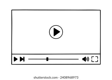 Doodle für Multimedia-Video-Player. Abspielen des Videos im Online-Fenster mit der Wiedergabetaste, das Laden des Schiebereglers im Skizzenstil. Handgezeichnete Vektorgrafik einzeln auf weißem Hintergrund.