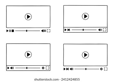 Doodle-Set für Multimedia-Video-Player-Vorlagen. Abspielen des Videos im Online-Fenster mit der Wiedergabetaste, das Laden des Schiebereglers im Skizzenstil. Handgezeichnete Vektorgrafik einzeln auf weißem Hintergrund.