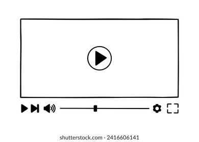 Multimedia video player template doodle. Play video online window with play button, loading slider bar in sketch style. Hand drawn vector illustration isolated on white background.