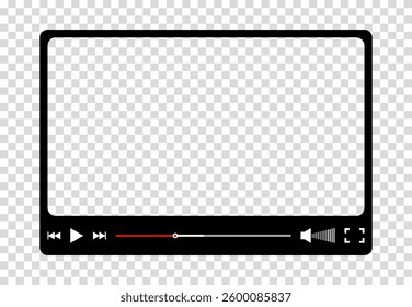 Multimedia video player for web and mobile apps. Chat video frame in flat style. Play video window with navigation icons, play button icon. Vector illustration on a transparent background.