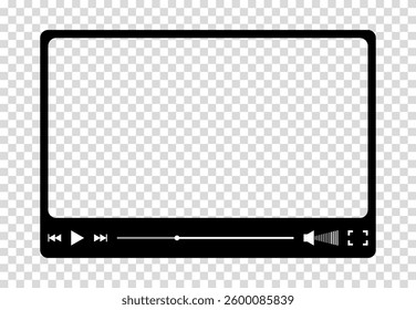 Multimedia video player for web and mobile apps. Chat video frame in flat style. Play video window with navigation icons, play button icon. Vector illustration on a transparent background.