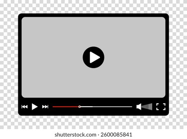 Multimedia video player for web and mobile apps. Chat video frame in flat style. Play video window with navigation icons, play button icon. Vector illustration on a transparent background.