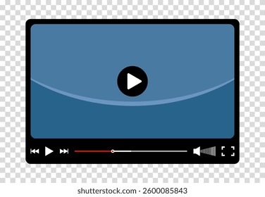 Multimedia video player for web and mobile apps. Chat video frame in flat style. Play video window with navigation icons, play button icon. Vector illustration on a transparent background.
