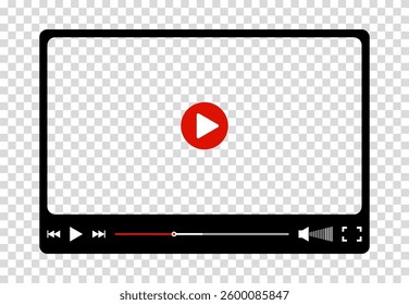 Multimedia video player for web and mobile apps. Chat video frame in flat style. Play video window with navigation icons, play button icon. Vector illustration on a transparent background.