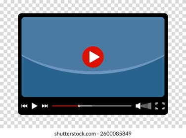 Multimedia video player for web and mobile apps. Chat video frame in flat style. Play video window with navigation icons, play button icon. Vector illustration on a transparent background.