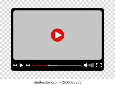 Multimedia video player for web and mobile apps. Chat video frame in flat style. Play video window with navigation icons, play button icon. Vector illustration on a transparent background.