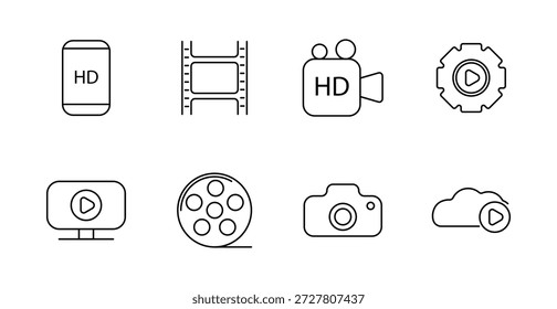 Video Multimedia e icono de conjunto. HD Video label, tira de película, cámara, Configuraciones, reproducción de pantalla, carrete de película, cámara, almacenamiento en la nube, Botón de reproducción, controles de medios