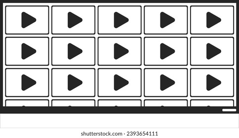 Objeto de dibujos animados en 2D en blanco y negro de pared multimedia. Plataforma de streaming a petición. Los canales de TV transmiten el elemento de contorno vectorial aislado. Ilustración de plano monocromática de canales de televisión