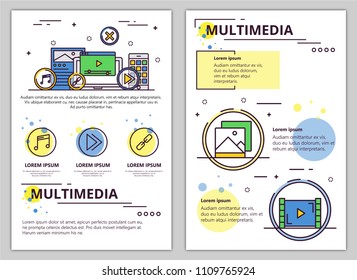 Multimedia web banner, poster, flyer, leaflet, brochure template. Vector modern thin line art flat style design illustration.