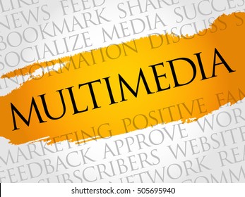 Multimedia word cloud collage, business concept background