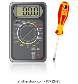 Multimeter of black color and screwdriver on a white background. Rasterized version also available in portfolio.