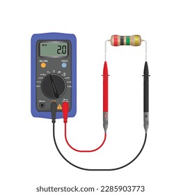 Multimeter electrical or electronics in purple silicone shell, with probes. Electrician power tools. Isolated on white background, vector illustration.